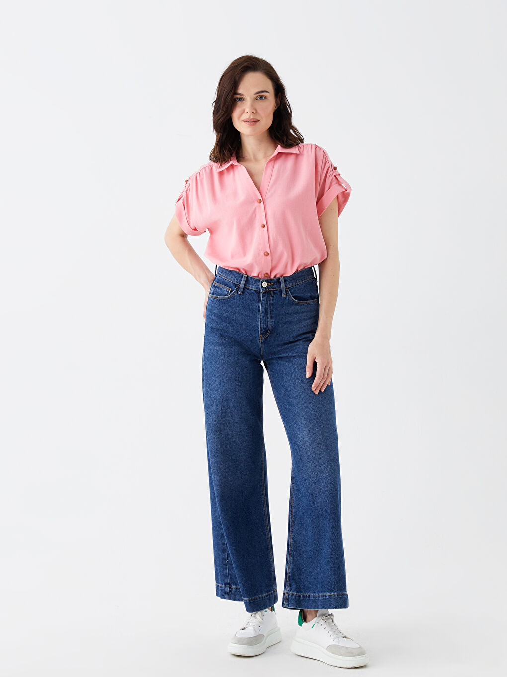 Pembe Düz Kısa Kollu Kadın Gömlek-1