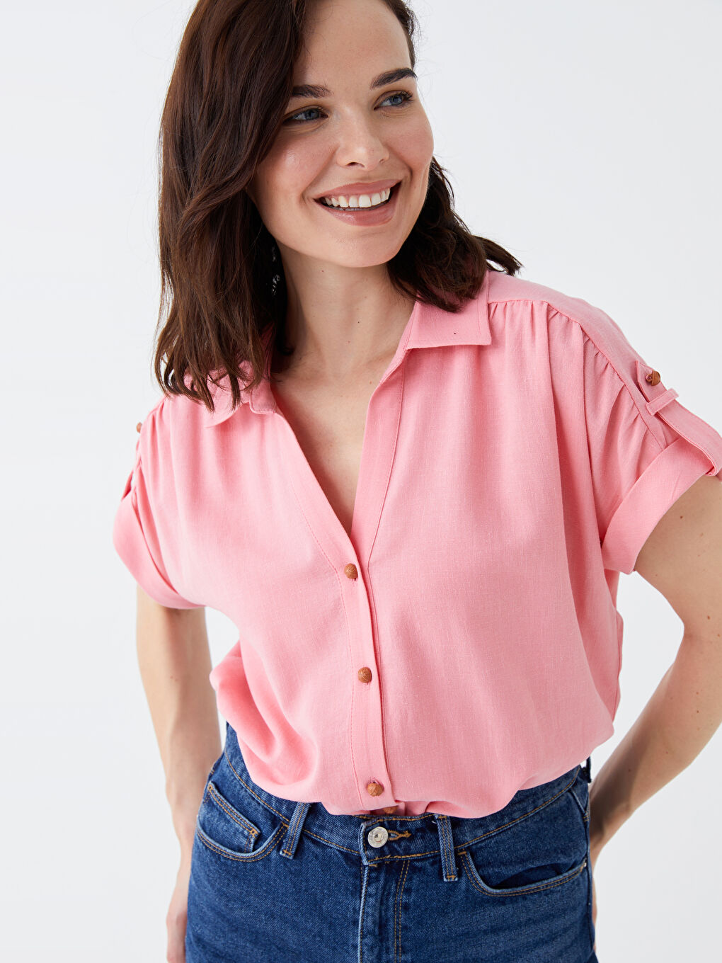 Pembe Düz Kısa Kollu Kadın Gömlek-2