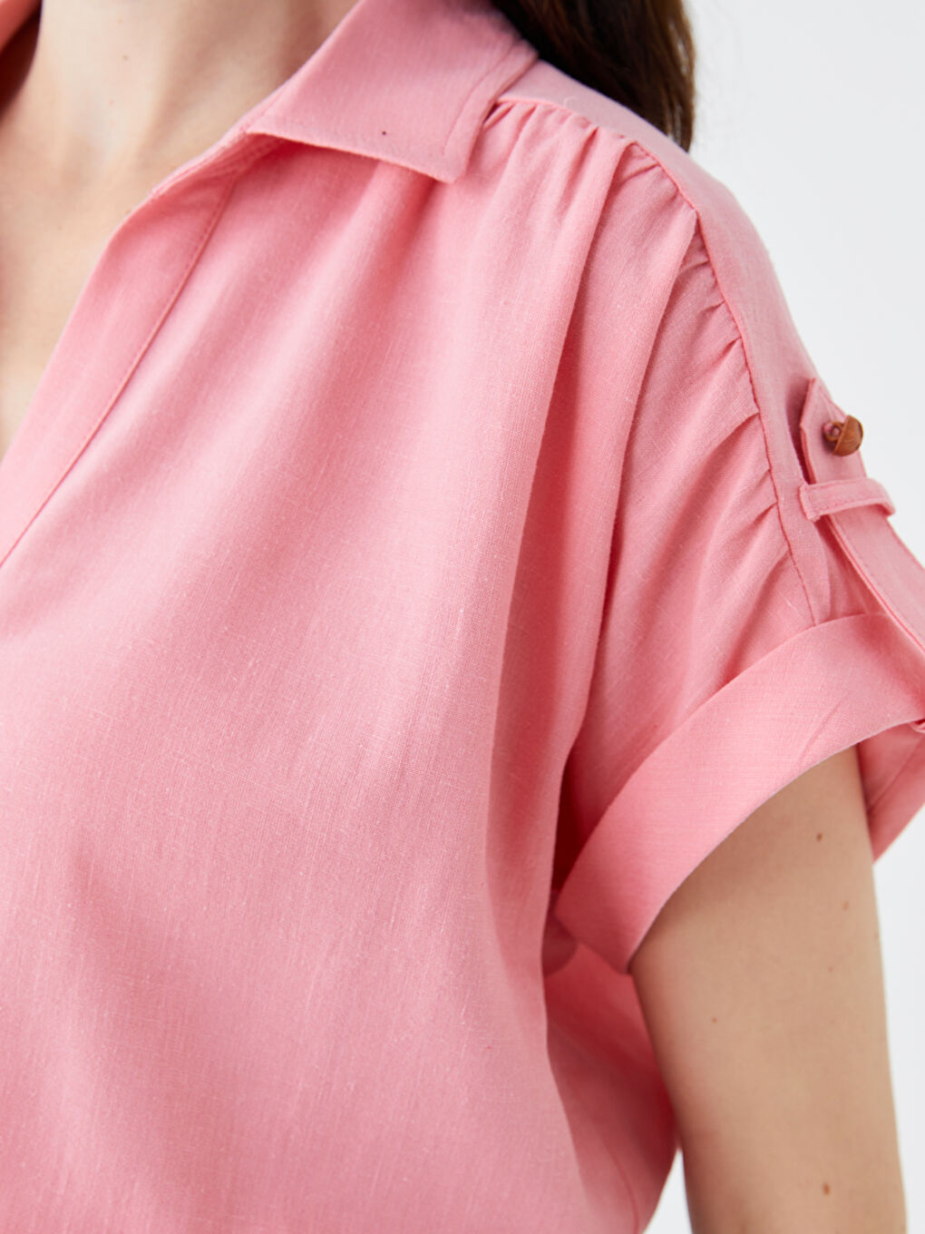 Pembe Düz Kısa Kollu Kadın Gömlek-4
