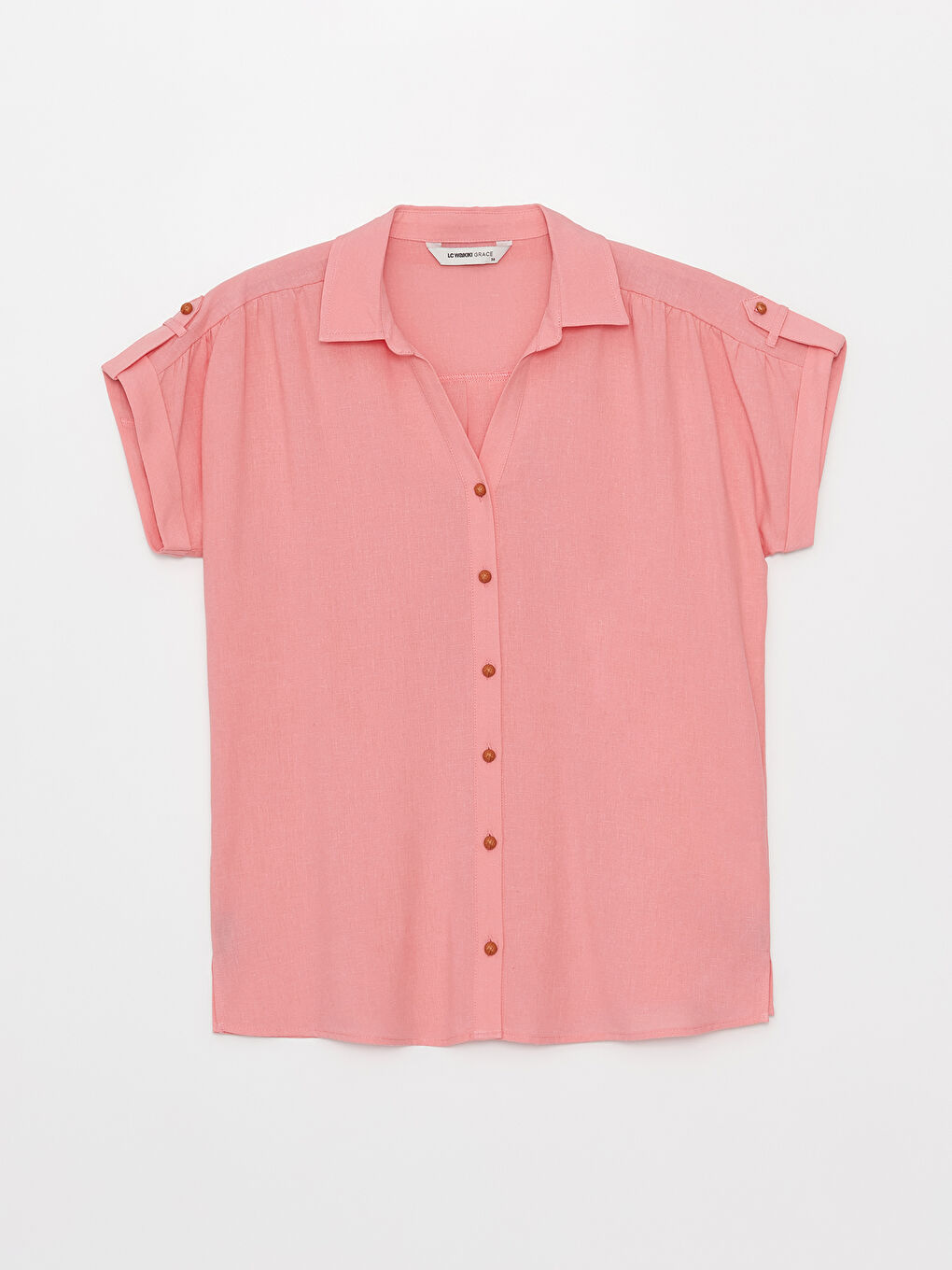 Pembe Düz Kısa Kollu Kadın Gömlek-5