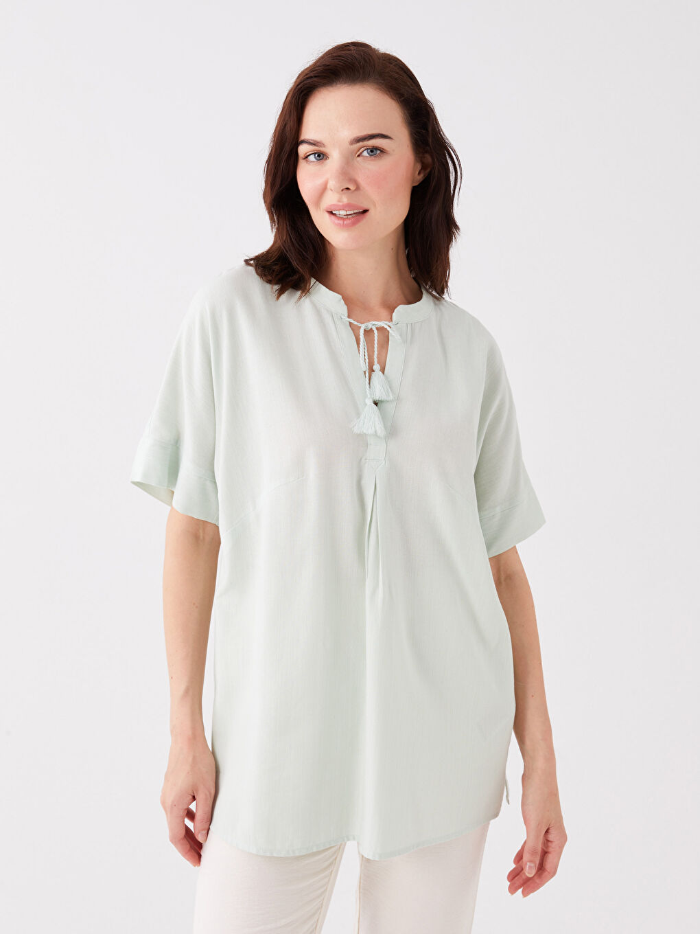 LCW Grace Tie Neck Plain Short Sleeve Linen Blend Women's Blouse -S3K489Z8-FY0