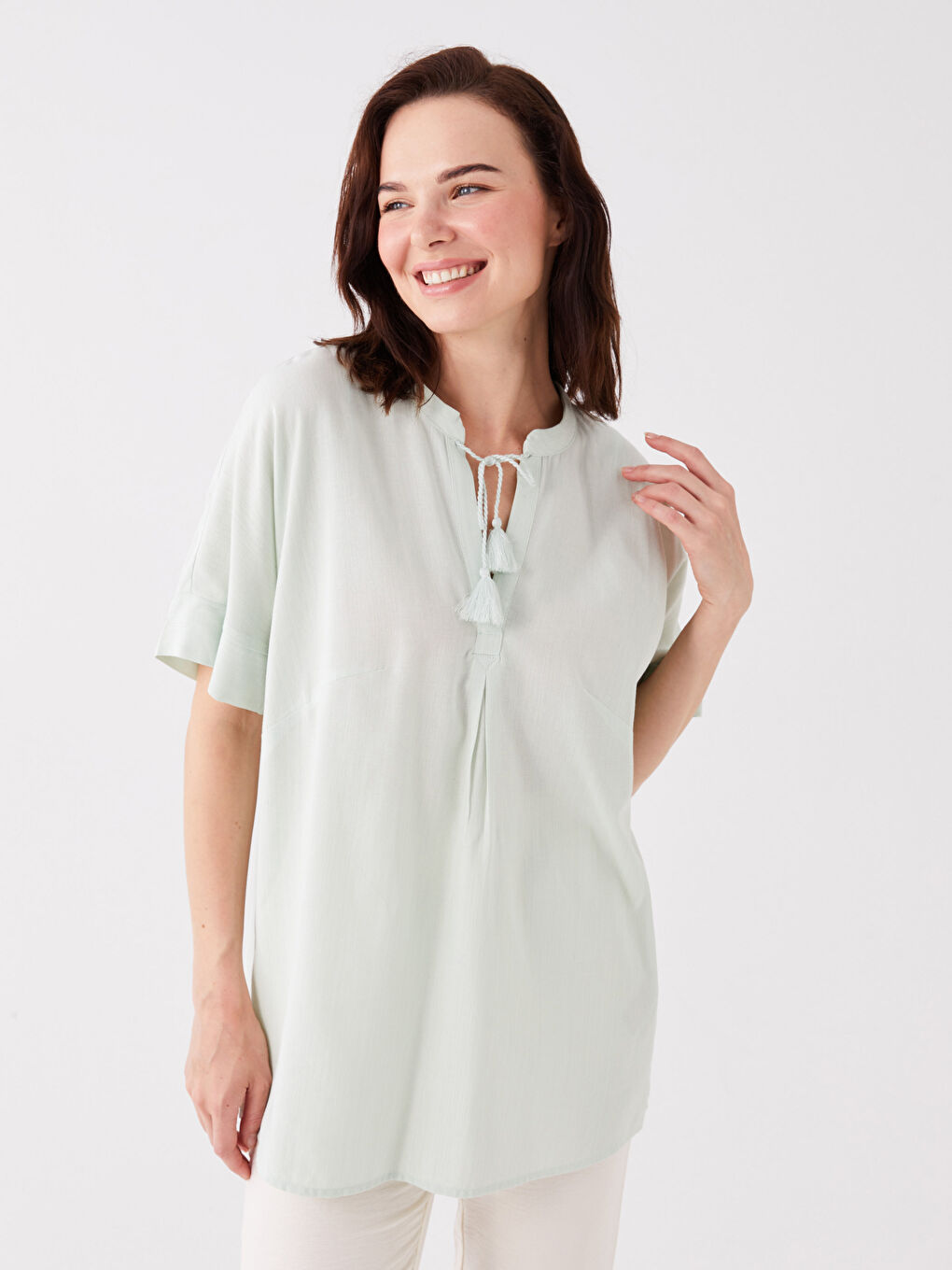 LCW Grace Tie Neck Plain Short Sleeve Linen Blend Women's Blouse -S3K489Z8-FY0