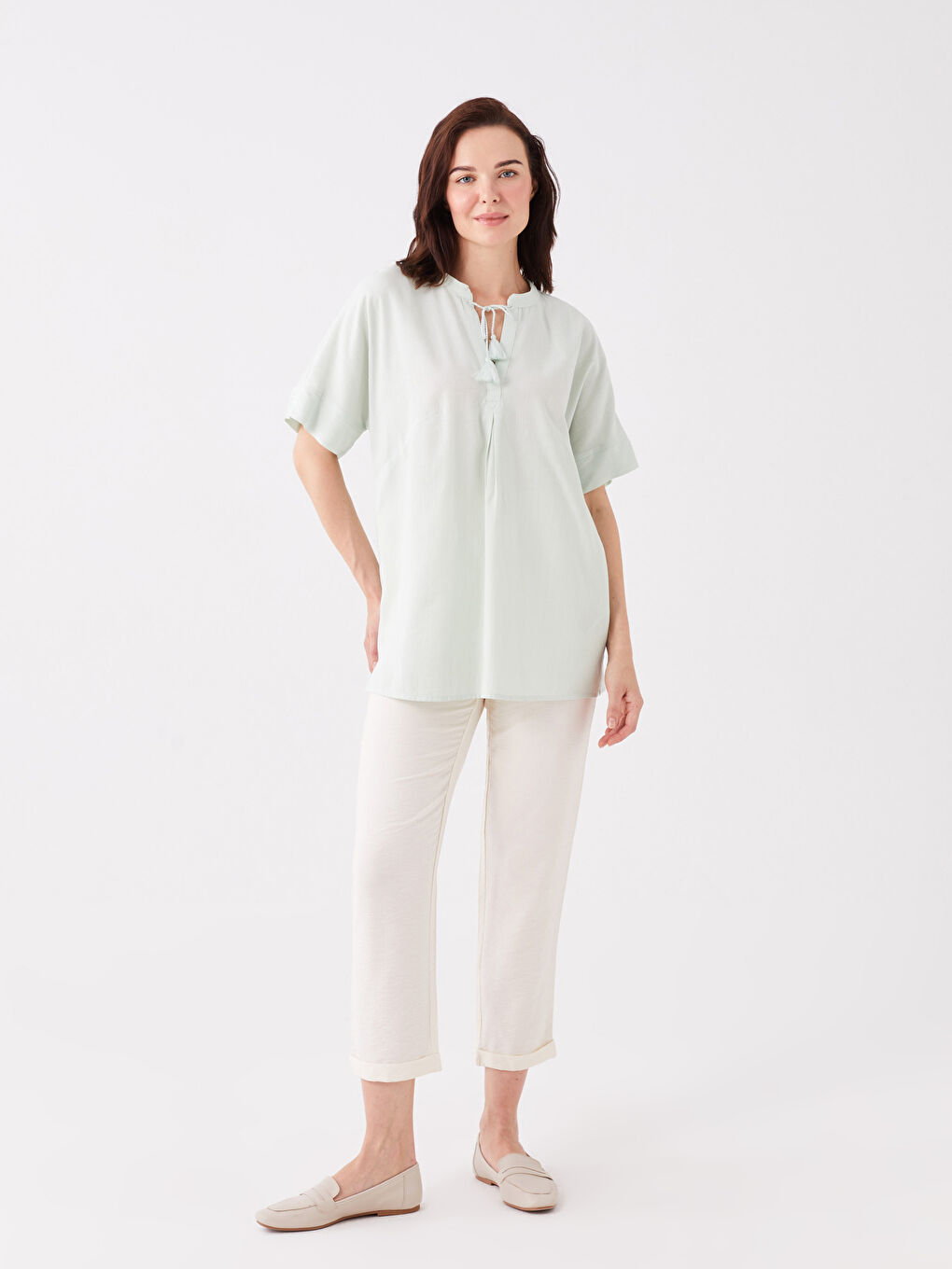LCW Grace Tie Neck Plain Short Sleeve Linen Blend Women's Blouse -S3K489Z8-FY0
