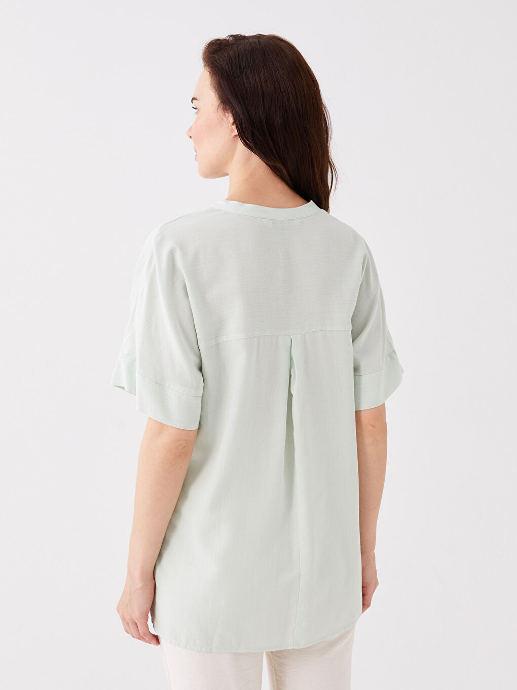 LCW Grace Tie Neck Plain Short Sleeve Linen Blend Women's Blouse -S3K489Z8-FY0