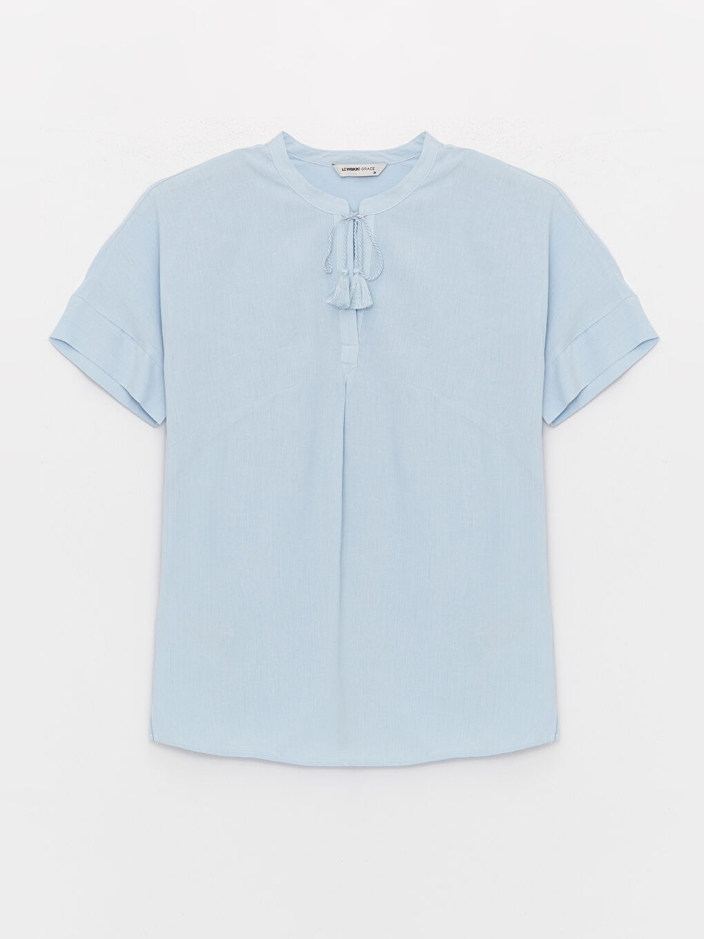 LCW Grace Tie Neck Plain Short Sleeve Linen Blend Women's Blouse -S3K489Z8-G9Q