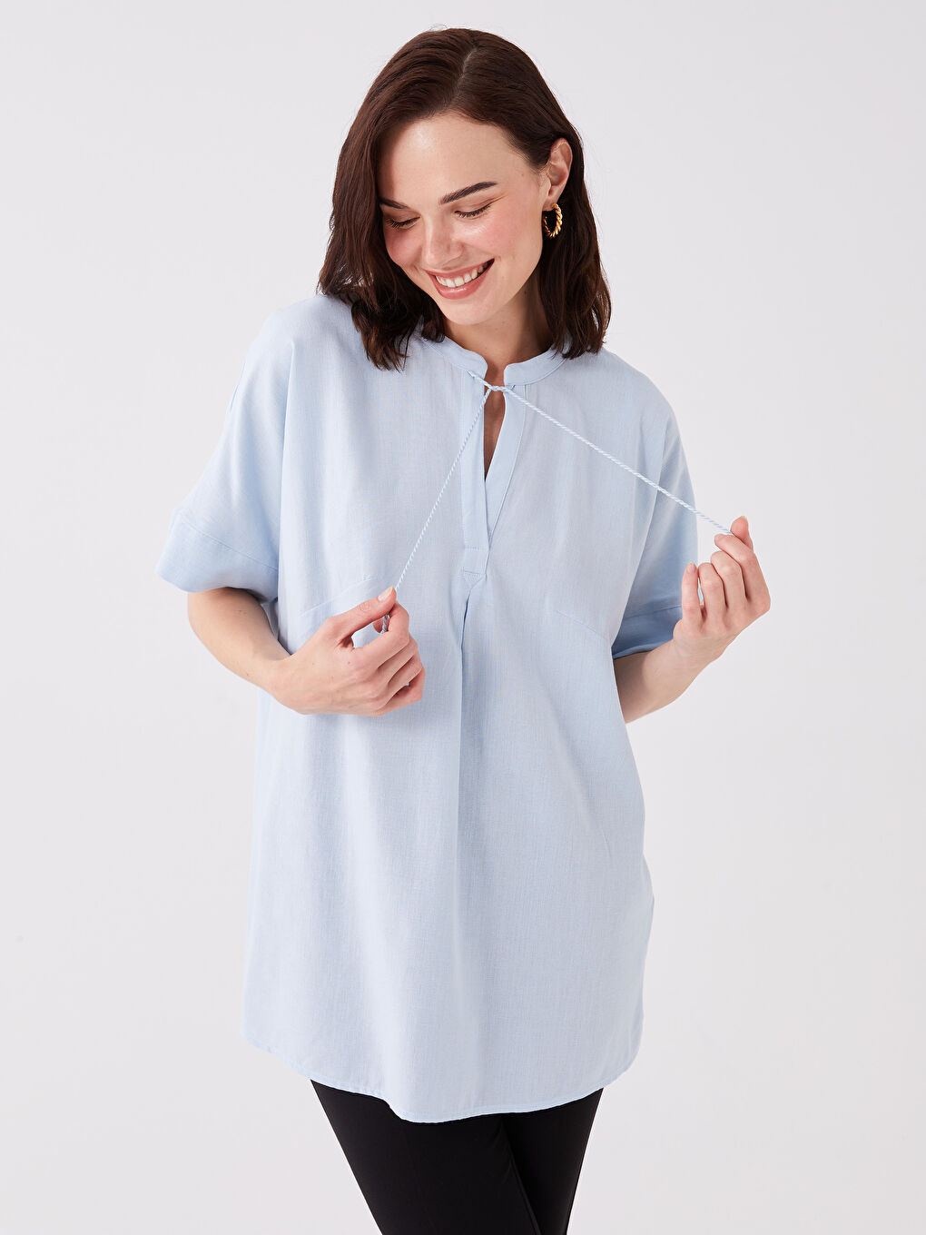 LCW Grace Tie Neck Plain Short Sleeve Linen Blend Women's Blouse -S3K489Z8-G9Q