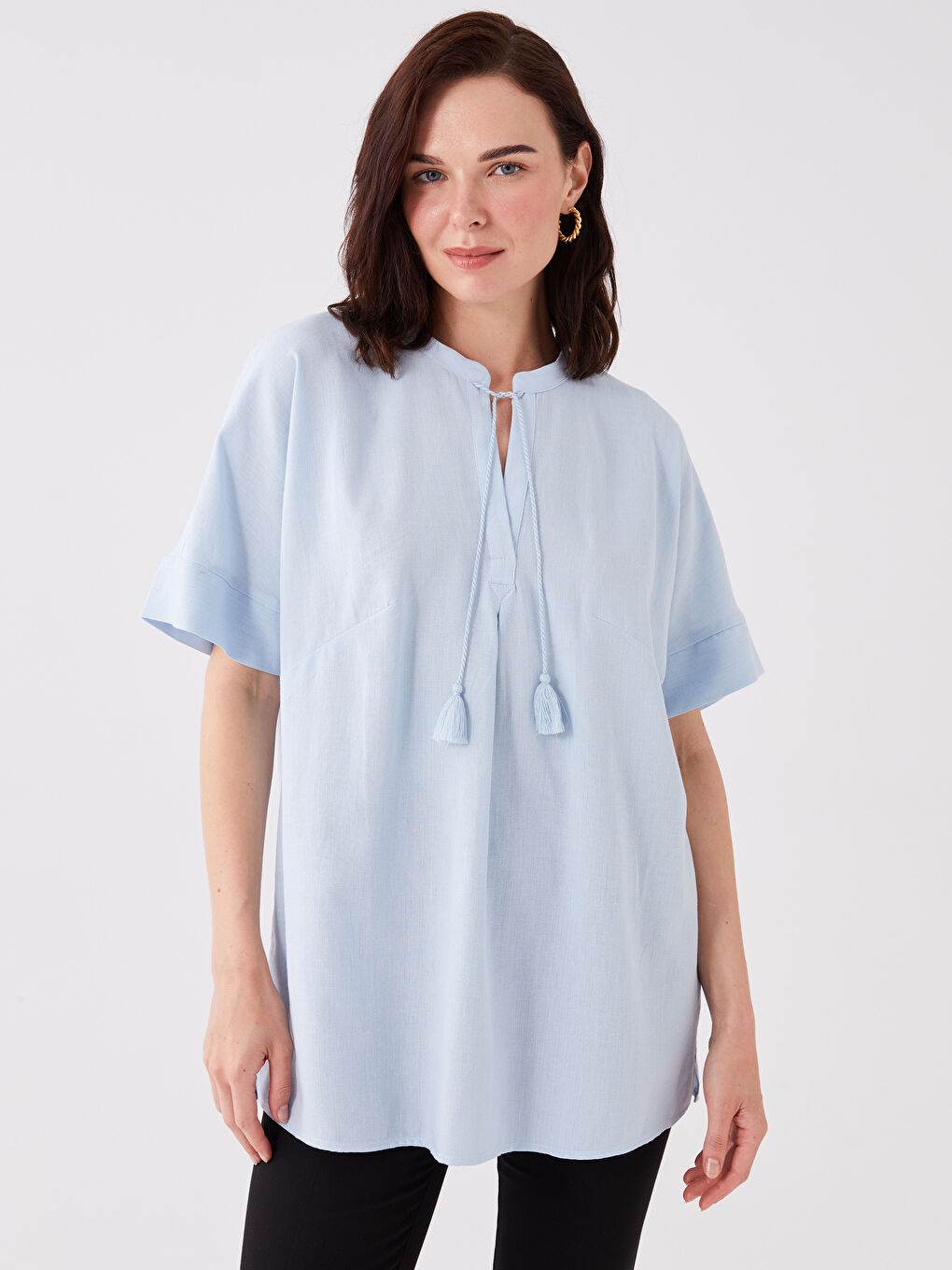 LCW Grace Tie Neck Plain Short Sleeve Linen Blend Women's Blouse -S3K489Z8-G9Q