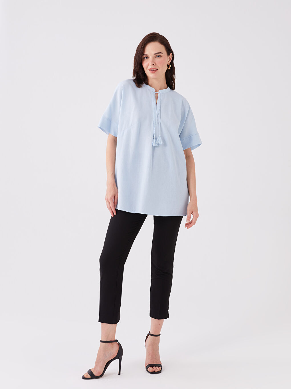 LCW Grace Tie Neck Plain Short Sleeve Linen Blend Women's Blouse -S3K489Z8-G9Q