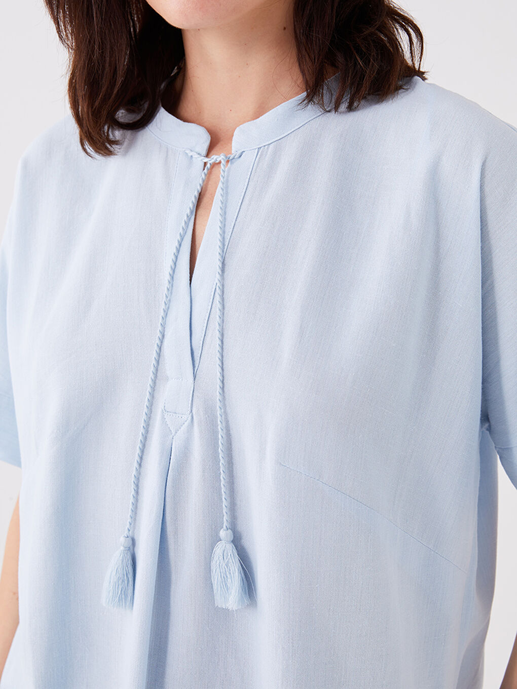 LCW Grace Tie Neck Plain Short Sleeve Linen Blend Women's Blouse -S3K489Z8-G9Q