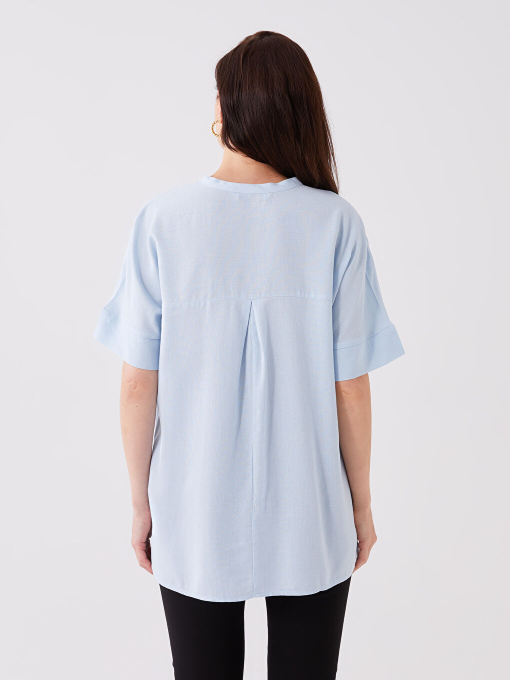 LCW Grace Tie Neck Plain Short Sleeve Linen Blend Women's Blouse -S3K489Z8-G9Q