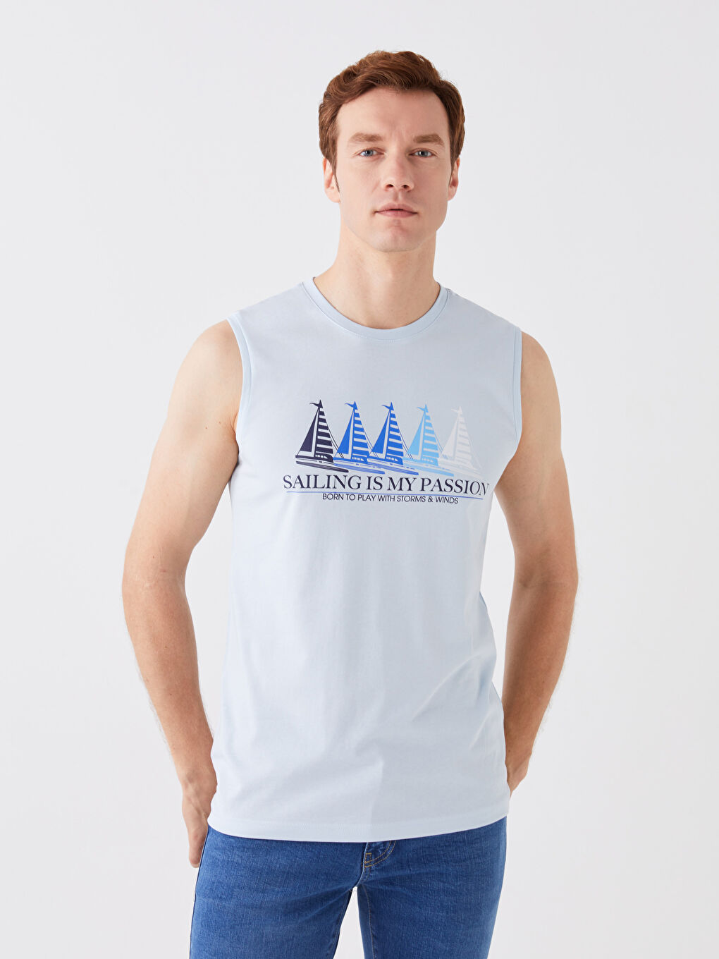 تيشيرت بدون أكمام مطبوع بياقة دائرية جيرسي للرجال