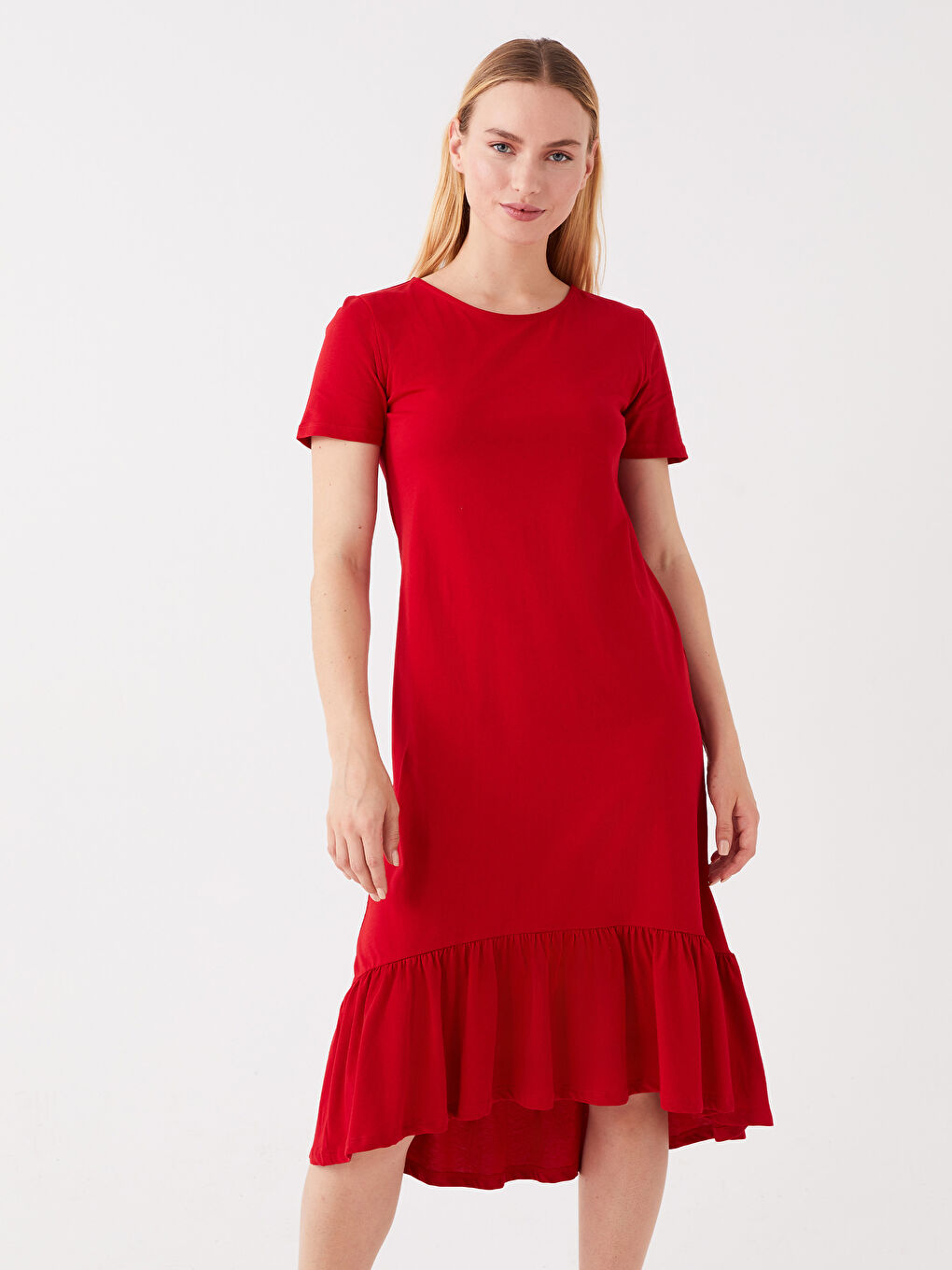 Kırmızı Bisiklet Yaka Düz Kısa Kollu Kadın Elbise