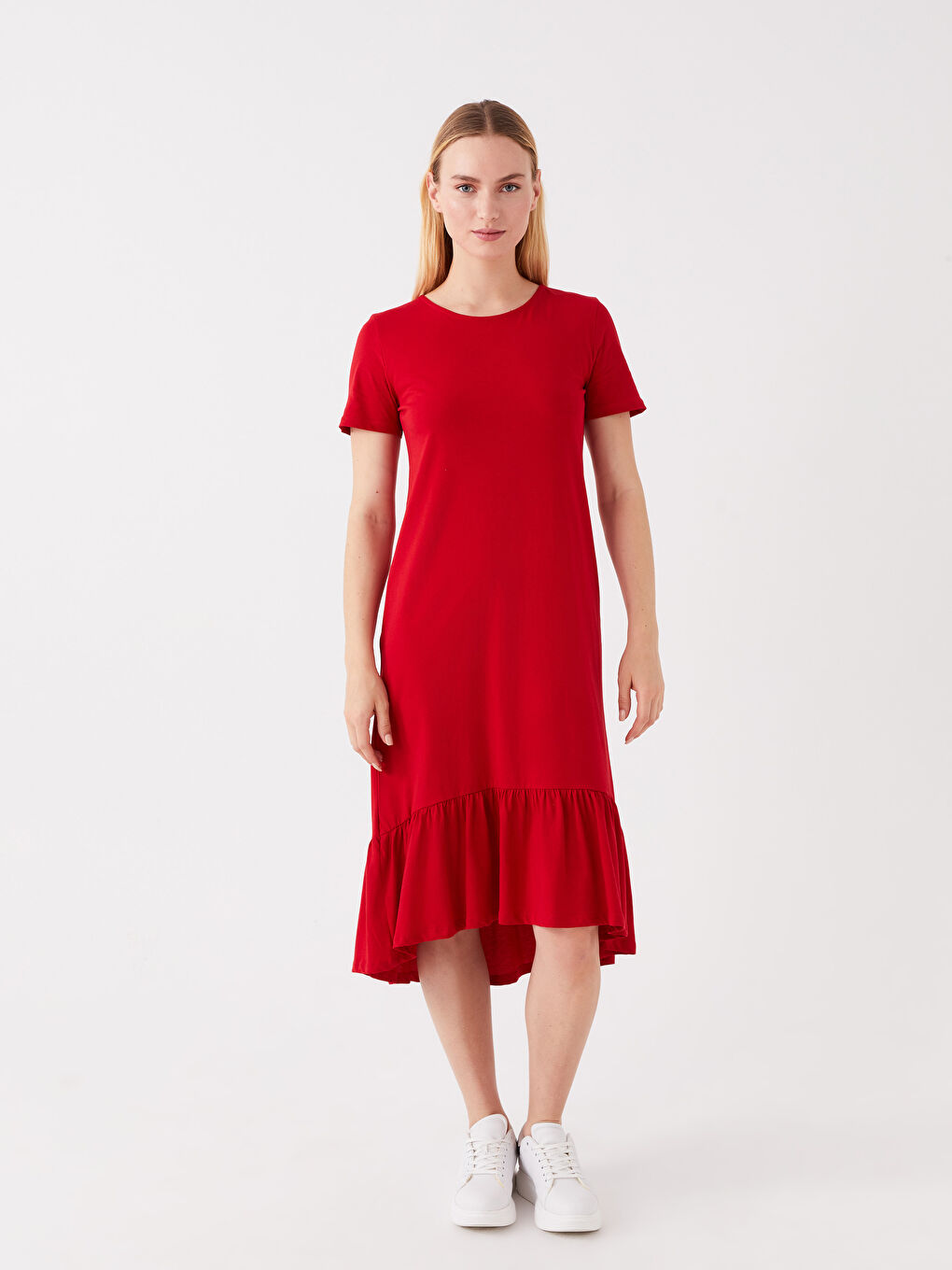Kırmızı Bisiklet Yaka Düz Kısa Kollu Kadın Elbise-1