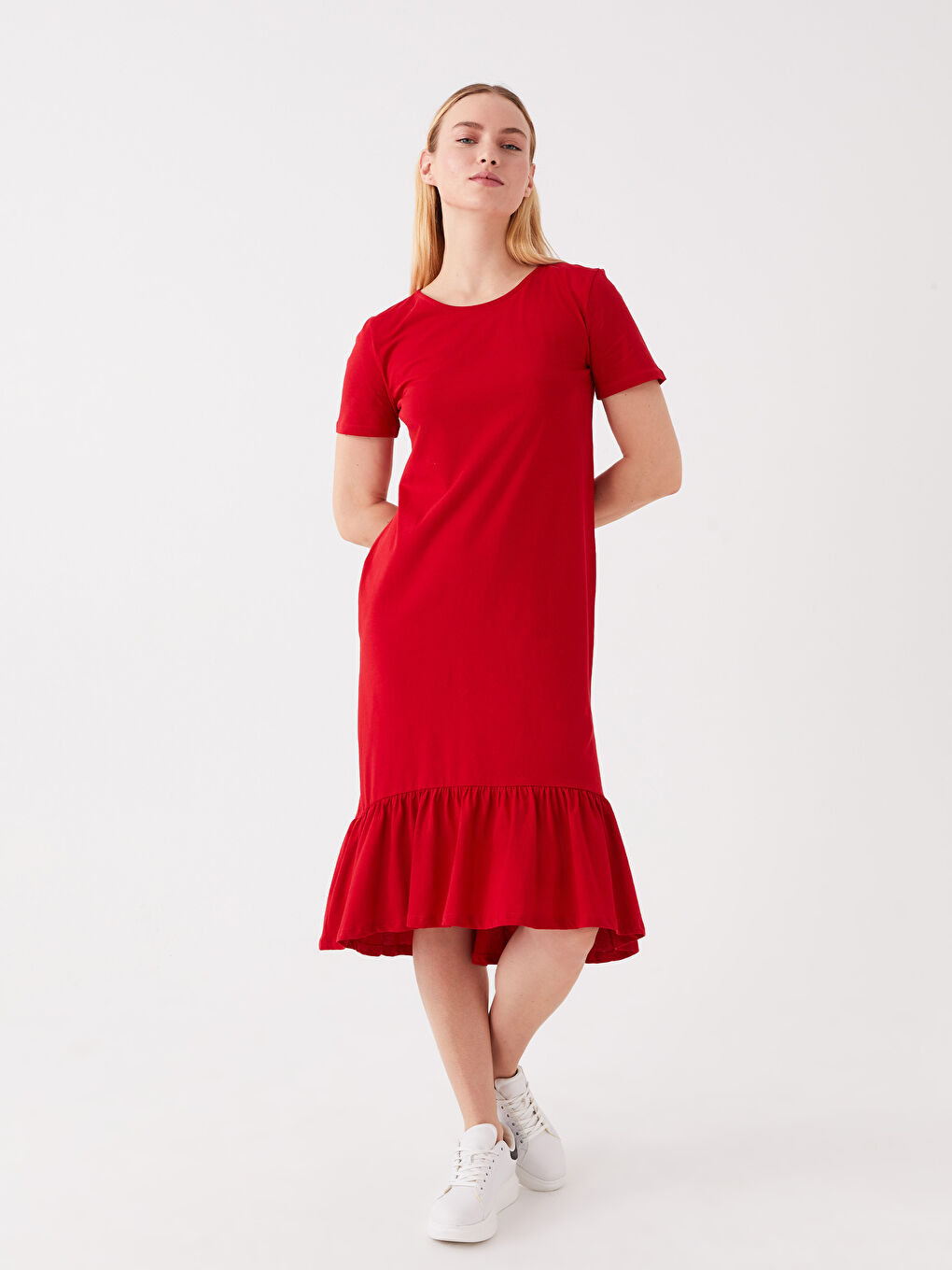 Kırmızı Bisiklet Yaka Düz Kısa Kollu Kadın Elbise-2