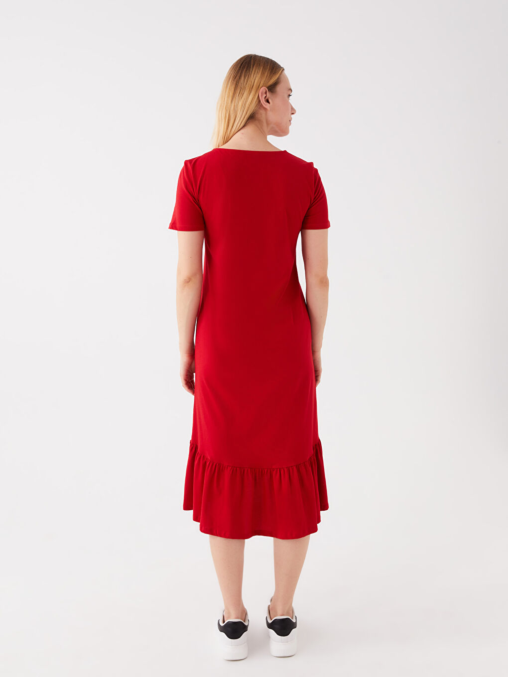 Kırmızı Bisiklet Yaka Düz Kısa Kollu Kadın Elbise-4