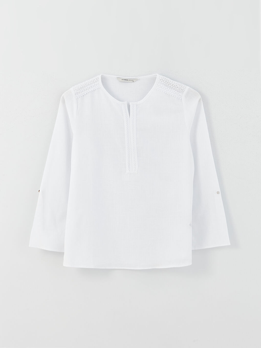 Ekru Kaçık Yaka Nakışlı Uzun Kollu Kadın Bluz-5