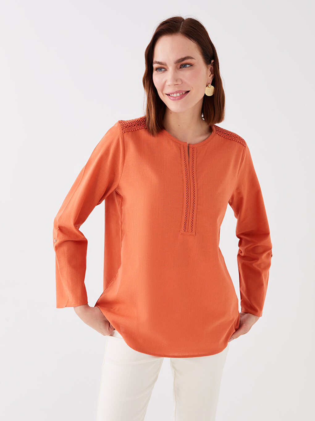 LCW Grace Notch Neck Embroidered Long Sleeve Women's Blouse