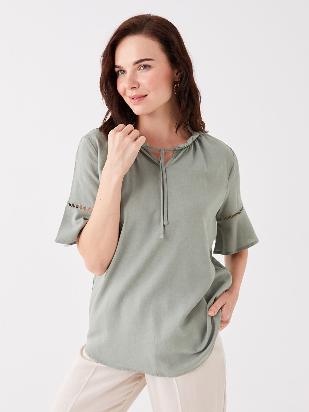 LCW Grace Tie Neck Plain Short Sleeve Women's Blouse -S3K526Z8-GN2