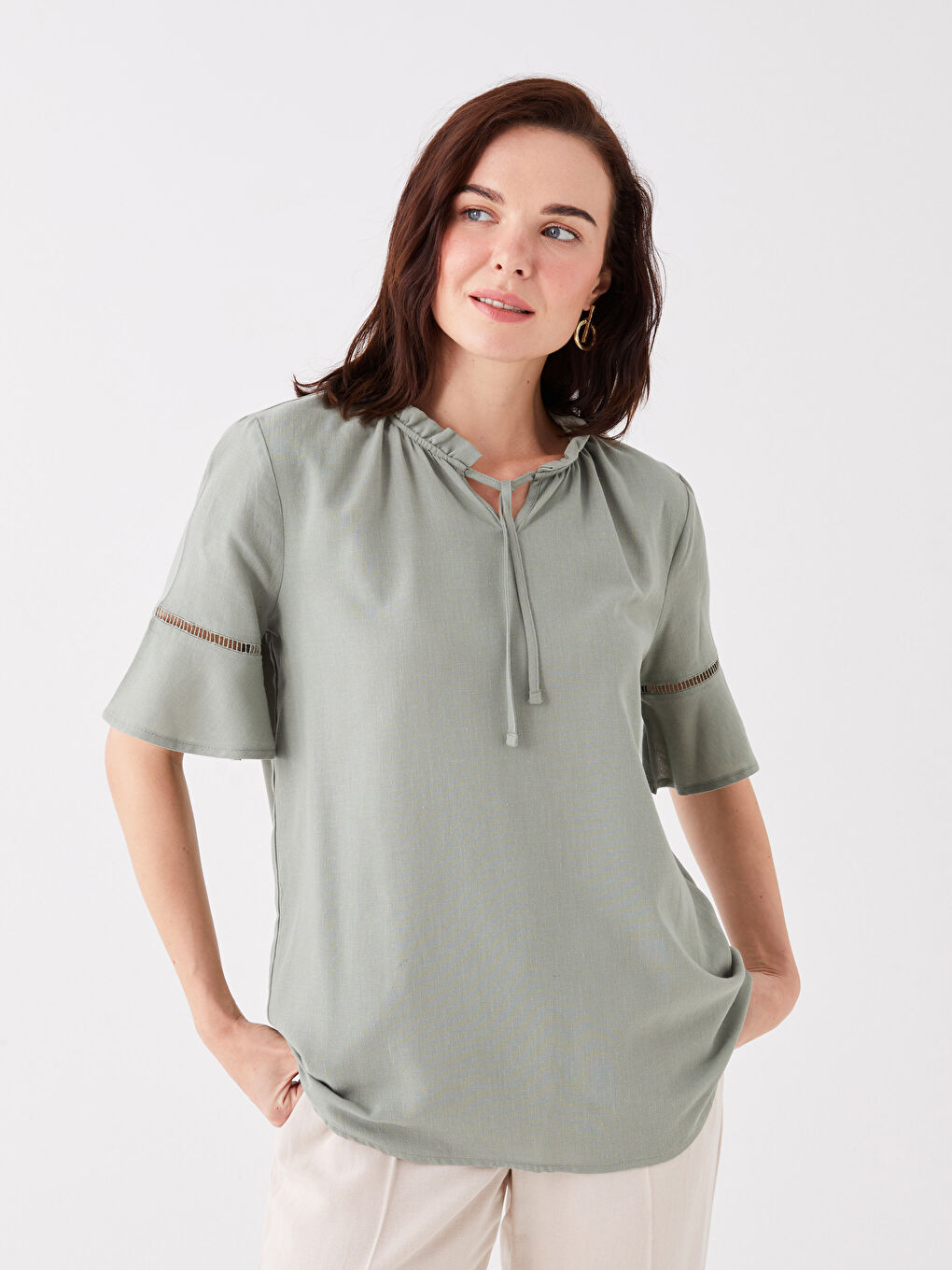 LCW Grace Tie Neck Plain Short Sleeve Women's Blouse -S3K526Z8-GN2