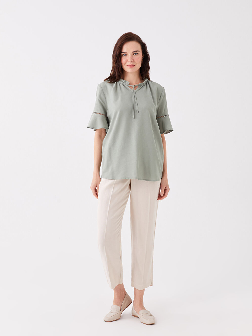 LCW Grace Tie Neck Plain Short Sleeve Women's Blouse -S3K526Z8-GN2