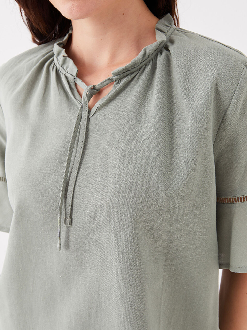 LCW Grace Tie Neck Plain Short Sleeve Women's Blouse -S3K526Z8-GN2