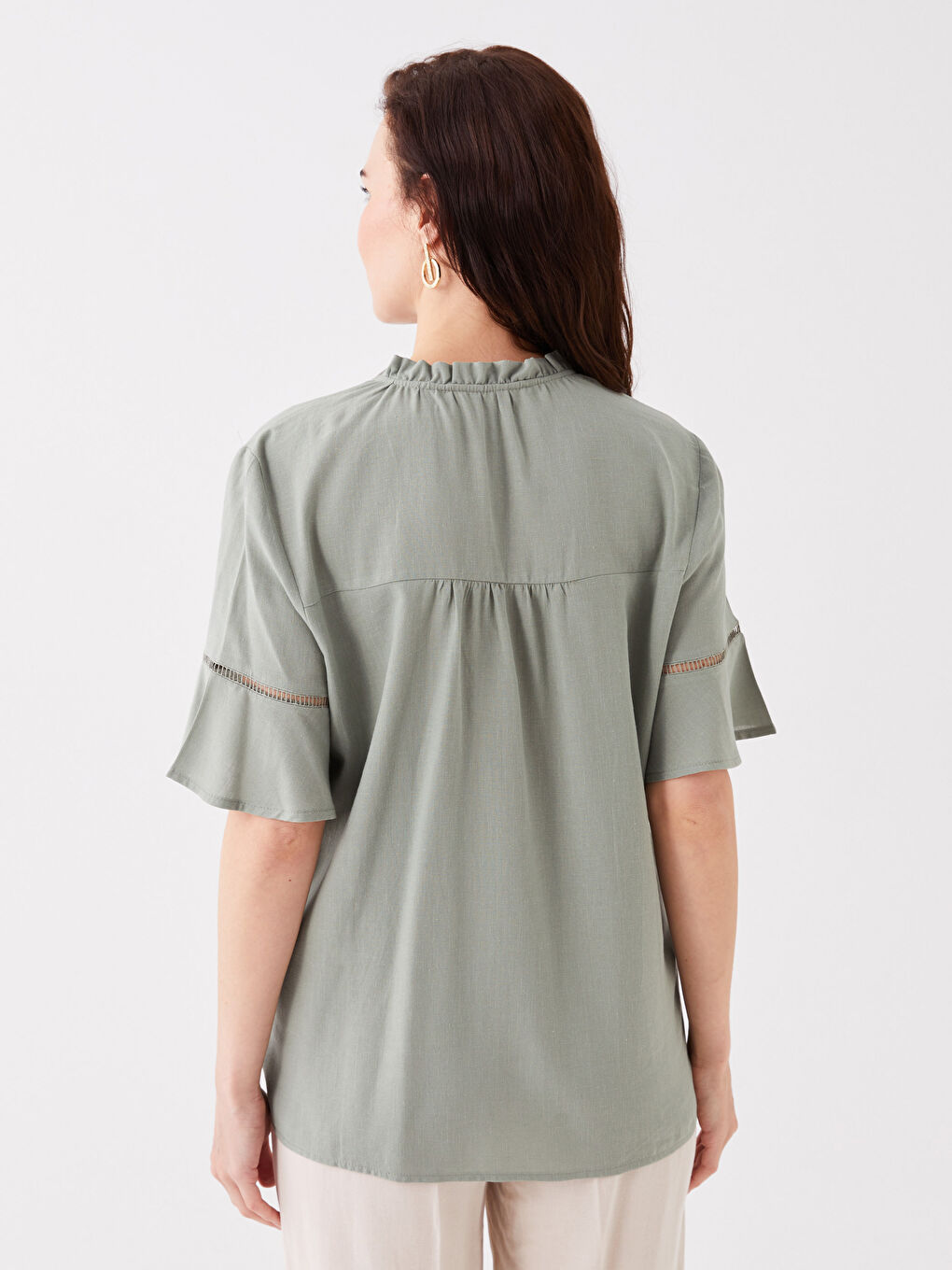 LCW Grace Tie Neck Plain Short Sleeve Women's Blouse -S3K526Z8-GN2
