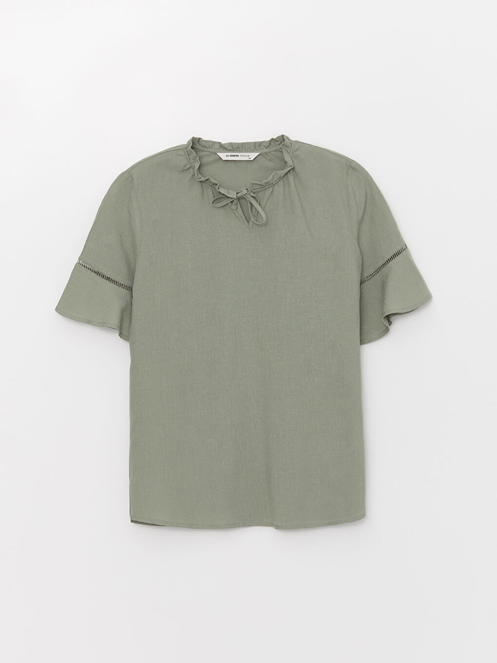 LCW Grace Tie Neck Plain Short Sleeve Women's Blouse -S3K526Z8-GN2