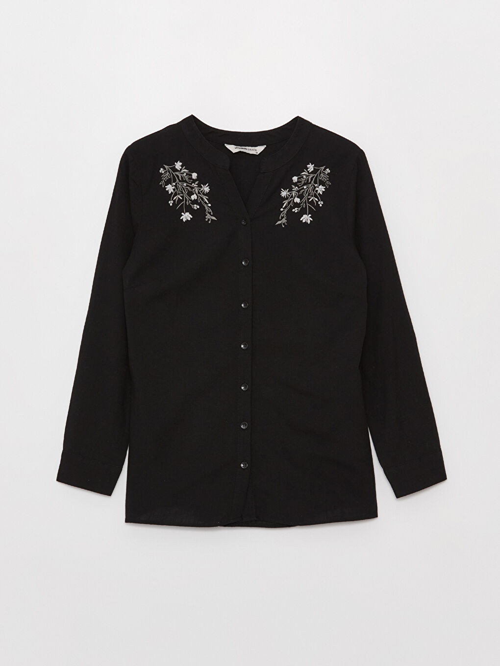 Siyah Kaçık Yaka Nakışlı Uzun Kollu Kadın Gömlek-5