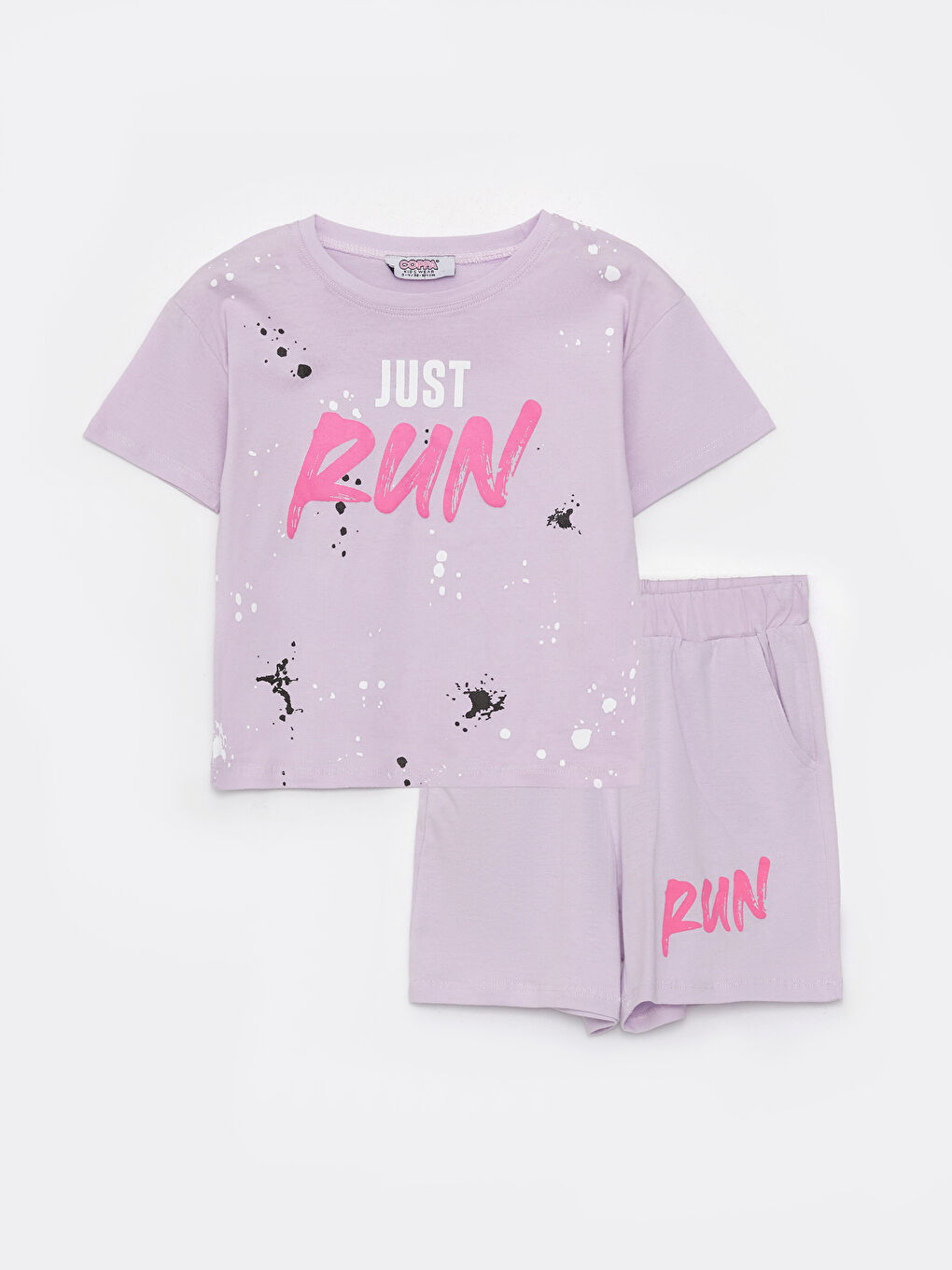 Lila Bisiklet Yaka Baskılı Kısa Kollu Kız Çocuk Tişört ve Şort