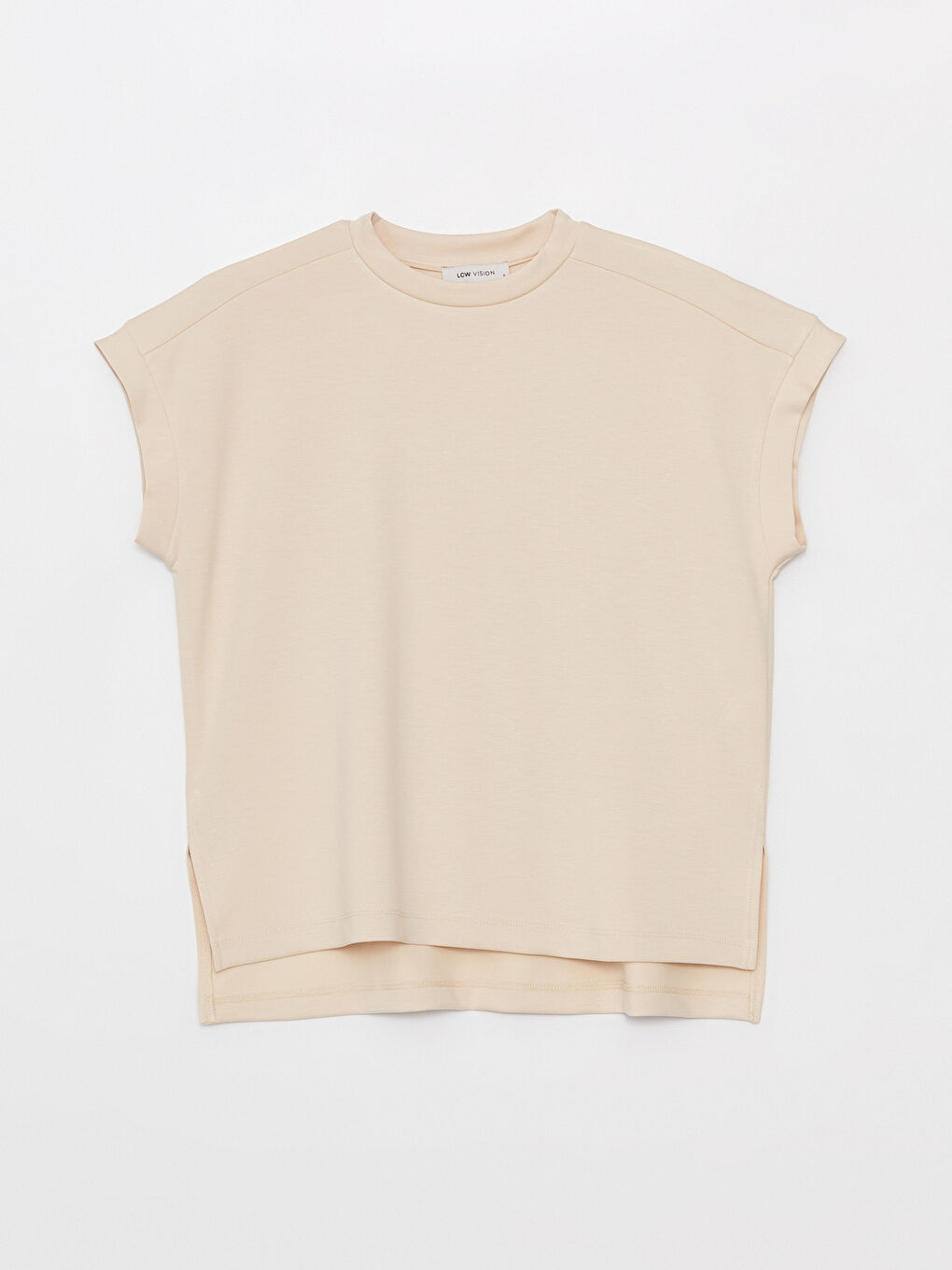 Bej Bisiklet Yaka Düz Kısa Kollu Oversize Kadın Tişört-5