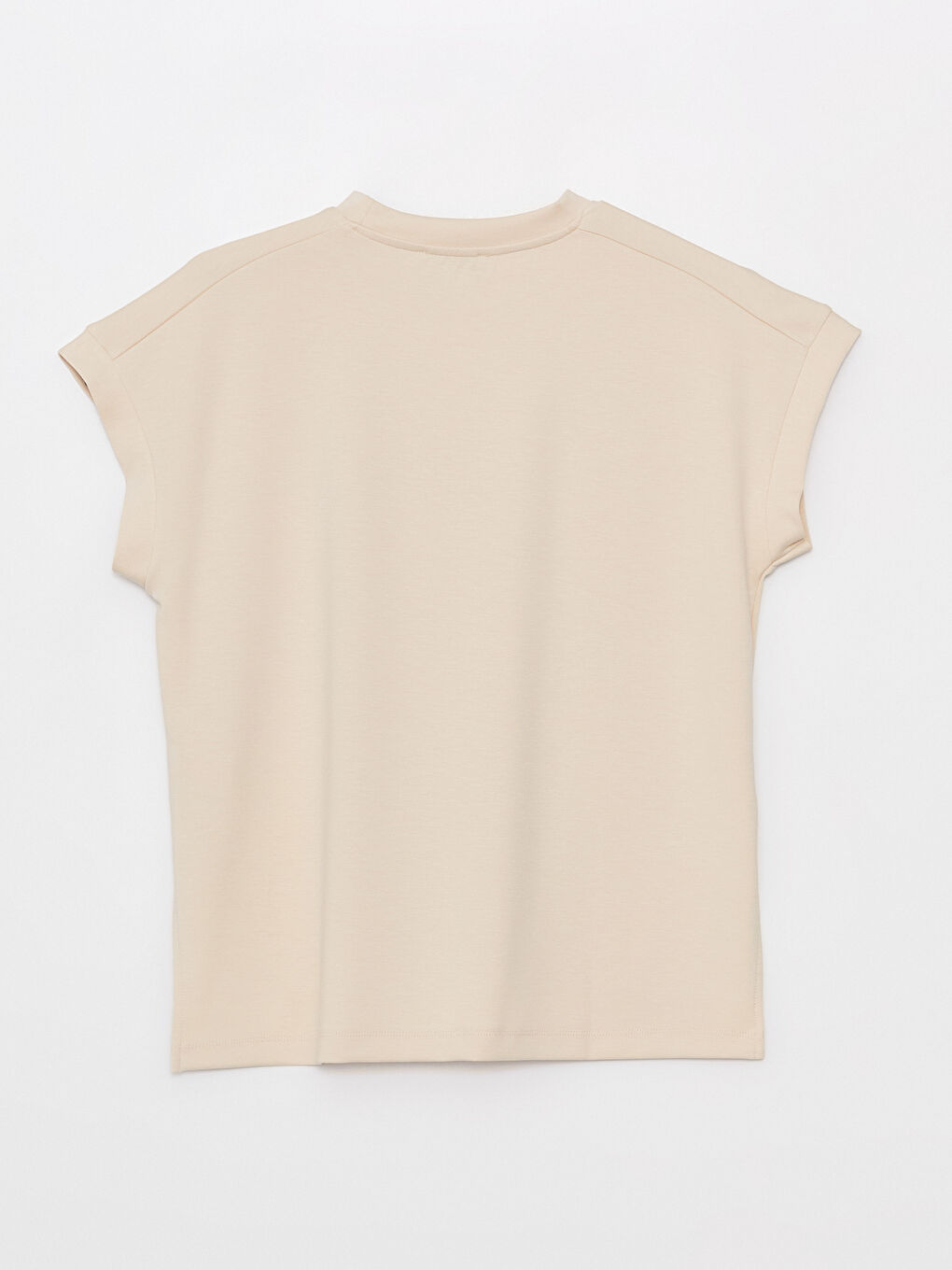 Bej Bisiklet Yaka Düz Kısa Kollu Oversize Kadın Tişört-6
