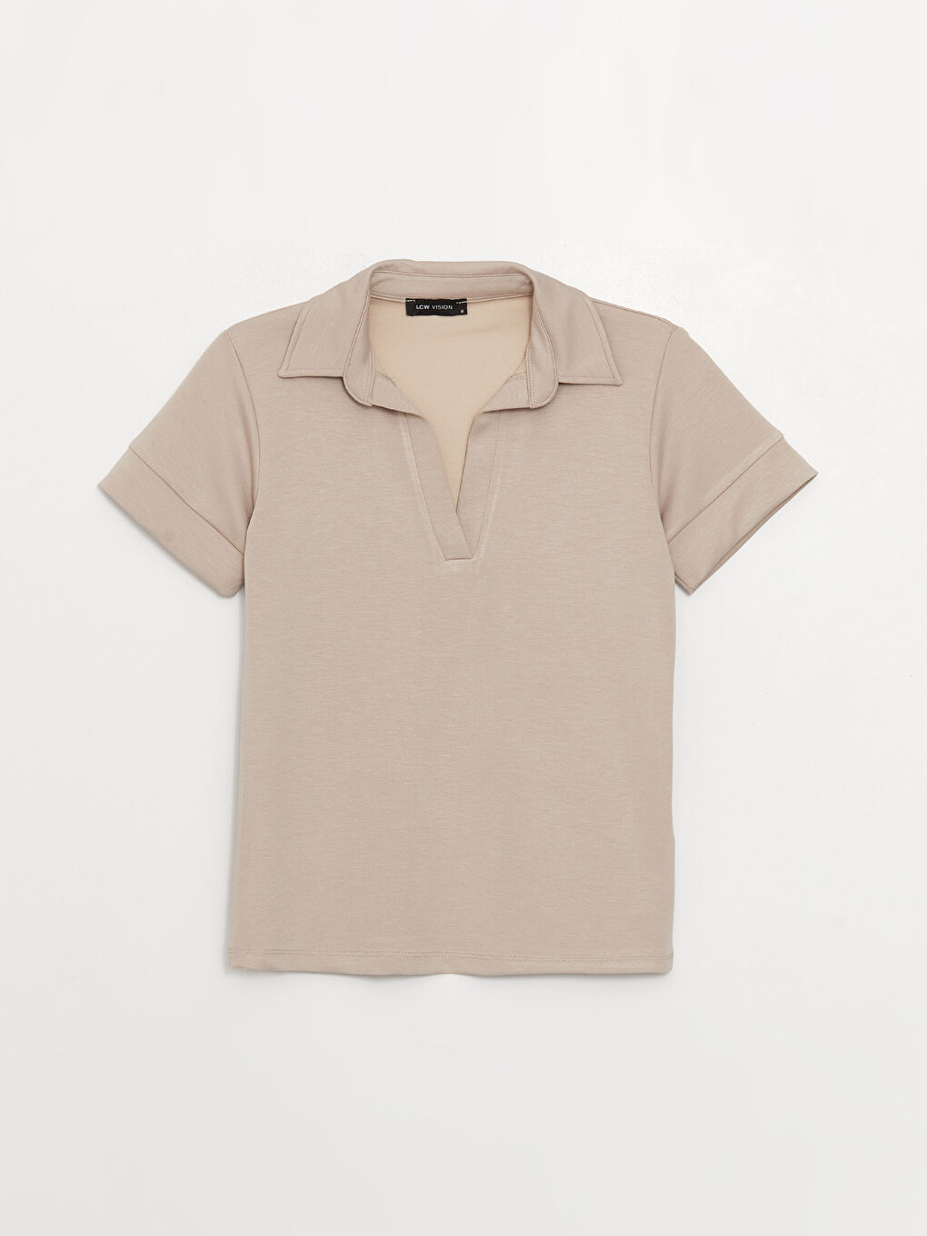 Bej Polo Yaka Düz Kısa Kollu Kadın Tişört-5