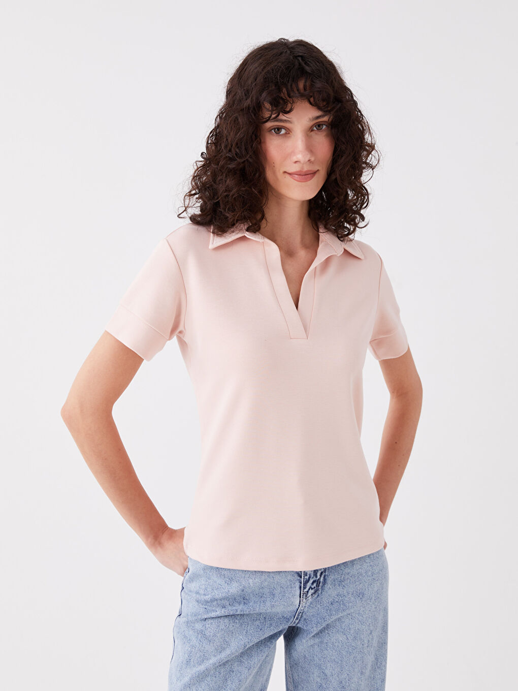 Pembe Polo Yaka Düz Kısa Kollu Kadın Tişört-1