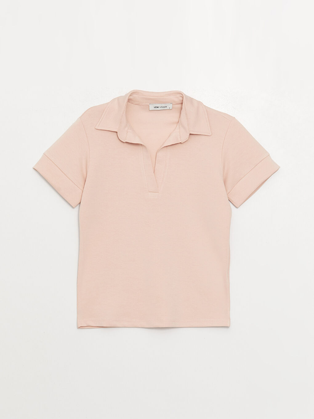 Pembe Polo Yaka Düz Kısa Kollu Kadın Tişört-5