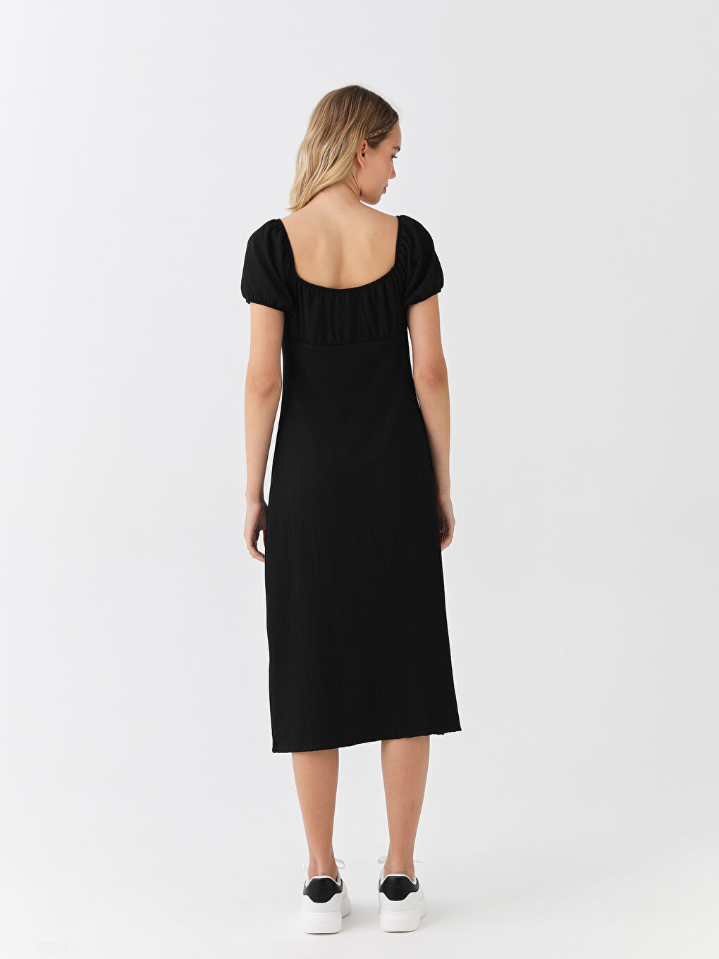 Siyah Kayık Yaka Düz Kısa Kollu Kadın Elbise-4