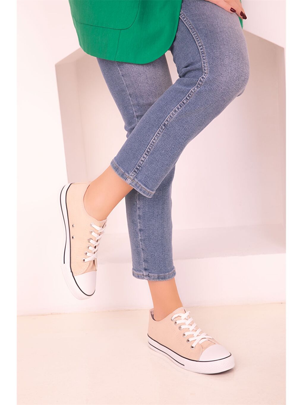 Bej Bağcıklı Kadın Spor Ayakkabı-2