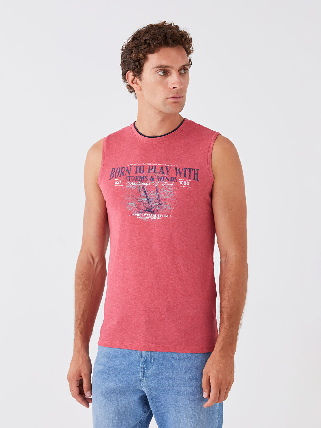 Maiou pentru Bărbați cu Guler Rotund și Imprimeu din Jerseu, Fără Mâneci