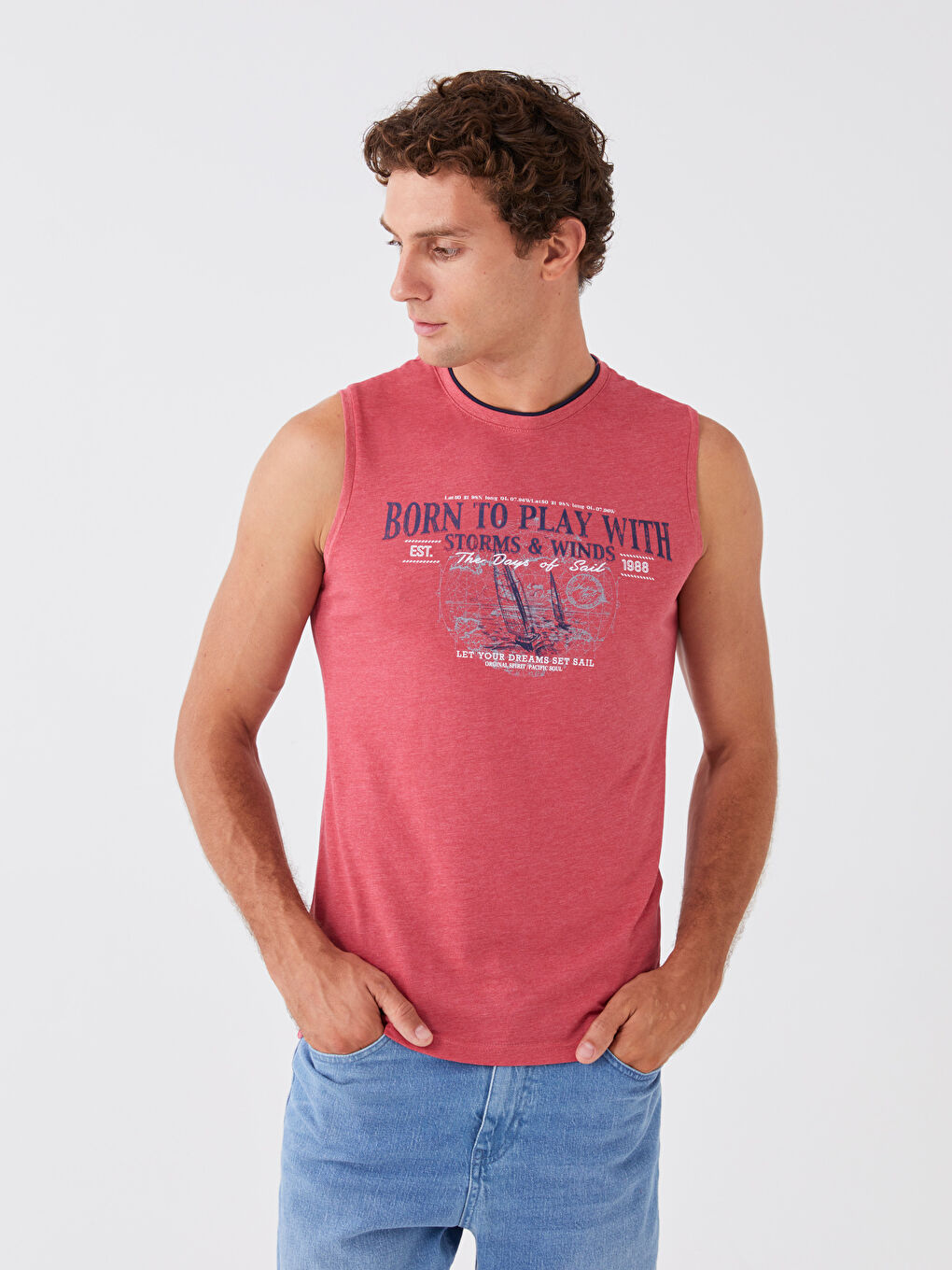 Maiou pentru Bărbați cu Guler Rotund și Imprimeu din Jerseu, Fără Mâneci-1