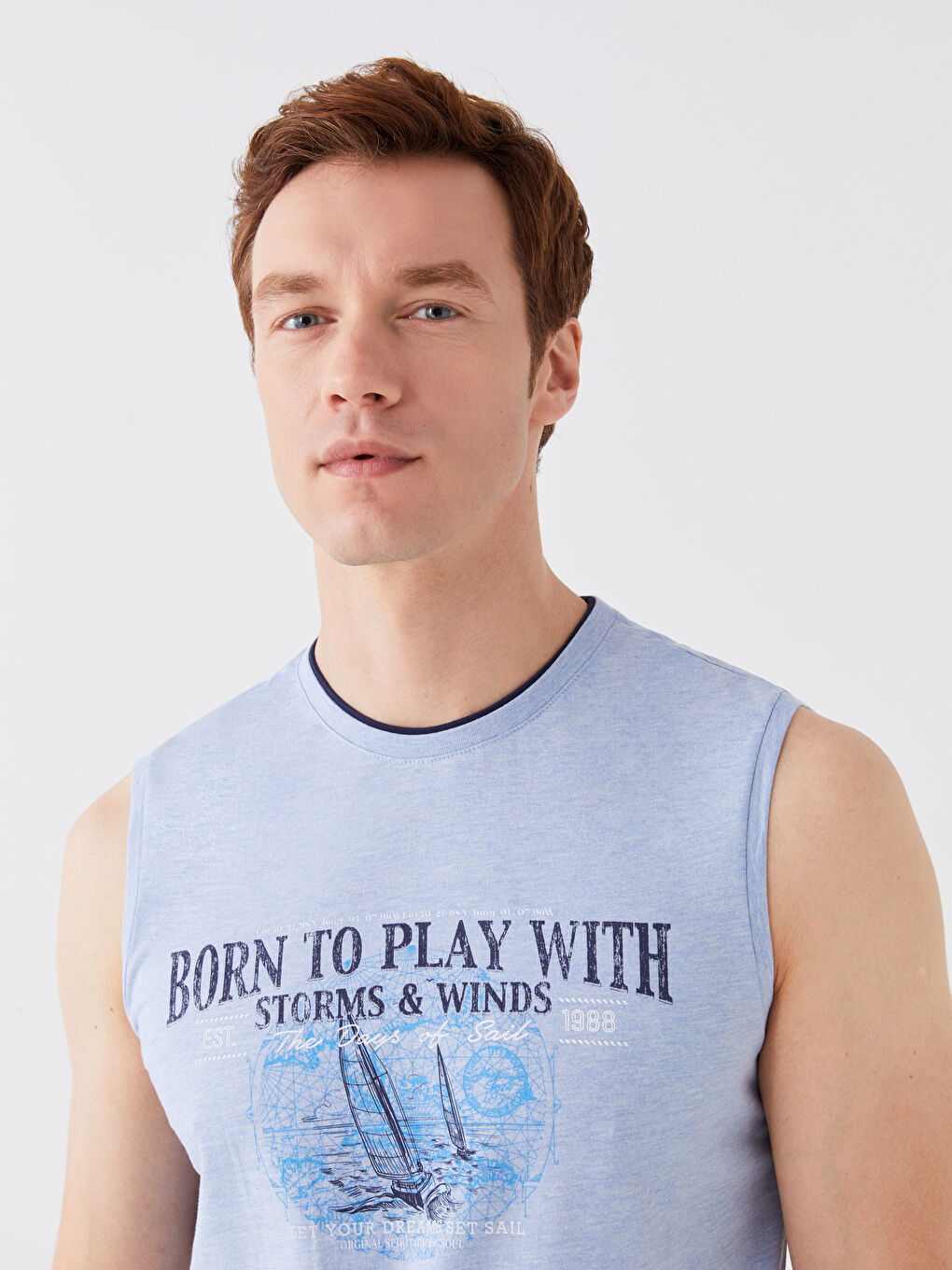 Bisiklet Yaka Baskılı Penye Erkek Kolsuz Tişört