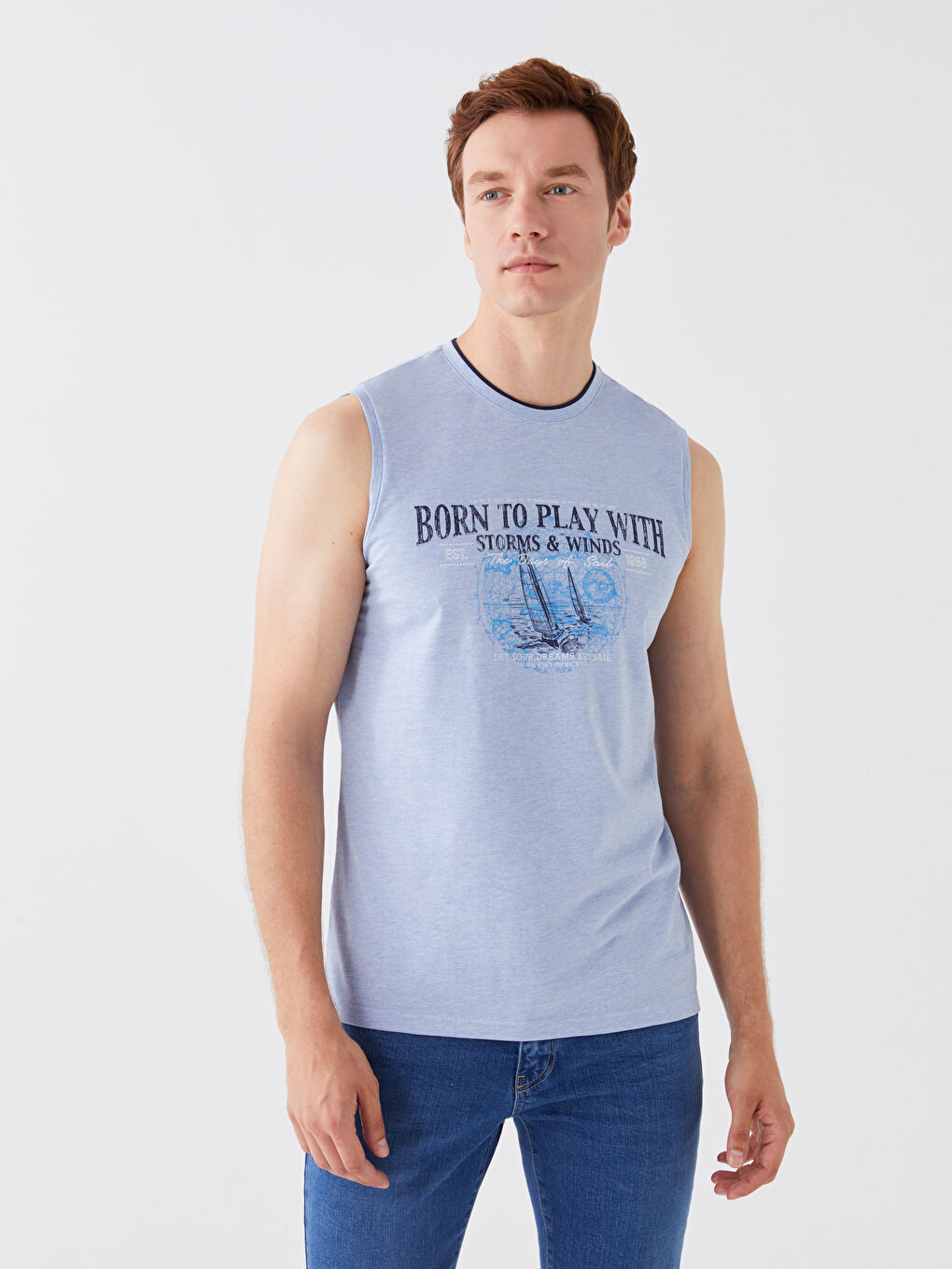 Bisiklet Yaka Baskılı Penye Erkek Kolsuz Tişört-1