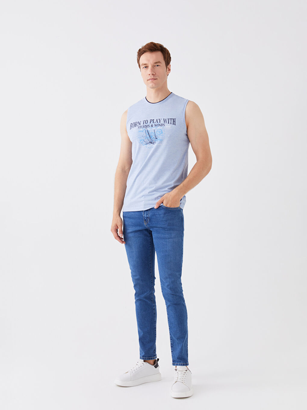 Bisiklet Yaka Baskılı Penye Erkek Kolsuz Tişört-2