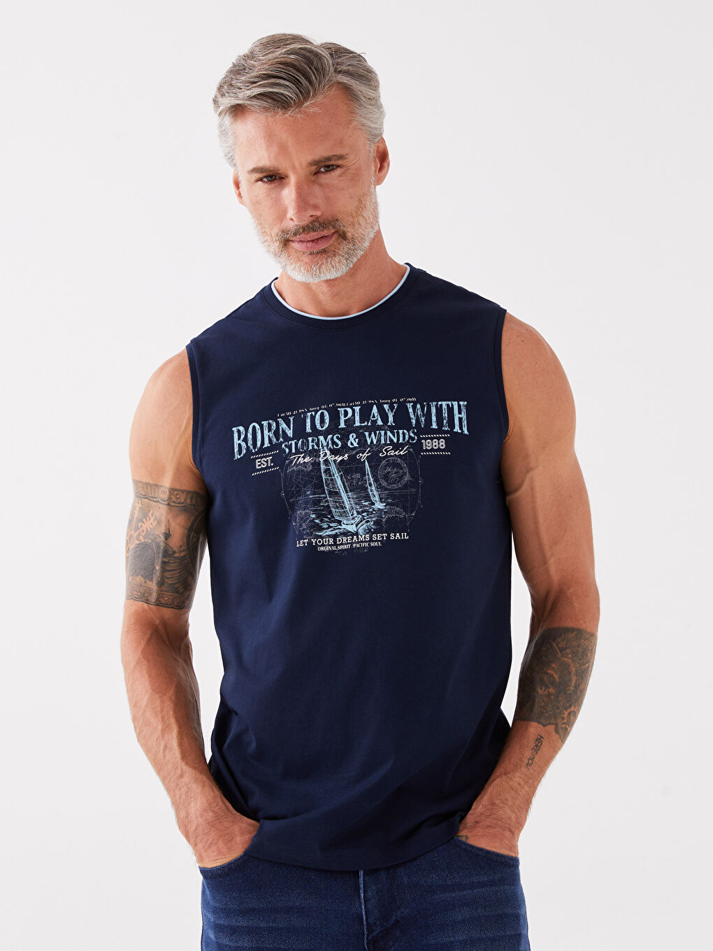 Maiou pentru Bărbați cu Guler Rotund și Imprimeu din Jerseu, Fără Mâneci