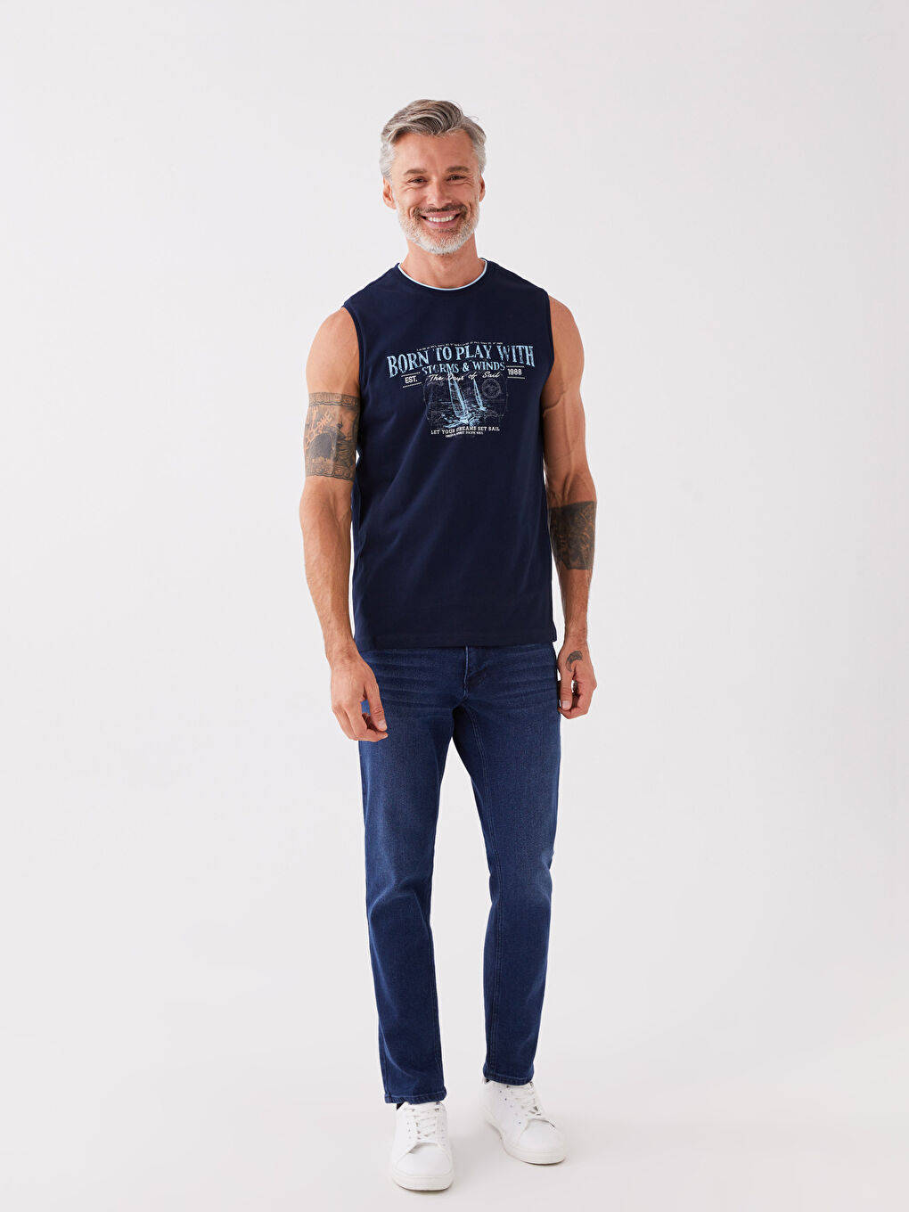 Maiou pentru Bărbați cu Guler Rotund și Imprimeu din Jerseu, Fără Mâneci-2