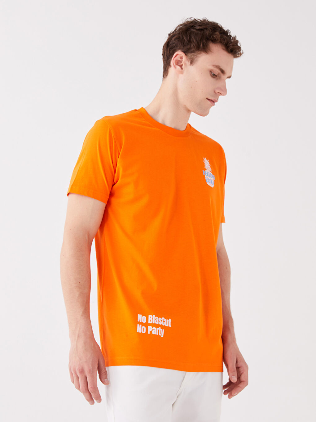 Turuncu Bisiklet Yaka Kısa Kollu Baskılı Penye Erkek Tişört