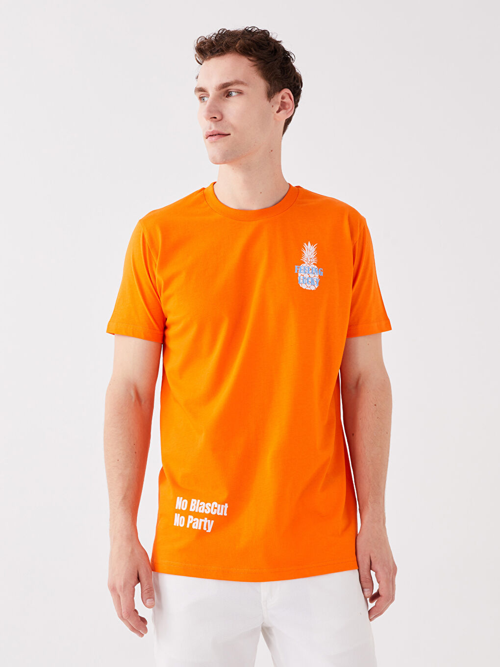 Turuncu Bisiklet Yaka Kısa Kollu Baskılı Penye Erkek Tişört-1