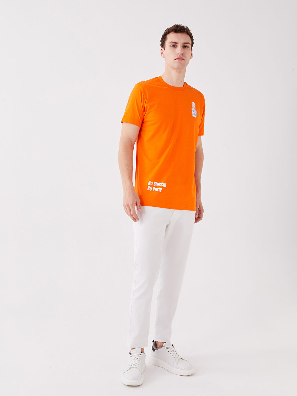 Turuncu Bisiklet Yaka Kısa Kollu Baskılı Penye Erkek Tişört-2