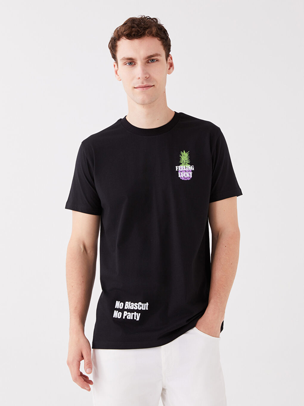 Siyah Bisiklet Yaka Kısa Kollu Baskılı Penye Erkek Tişört