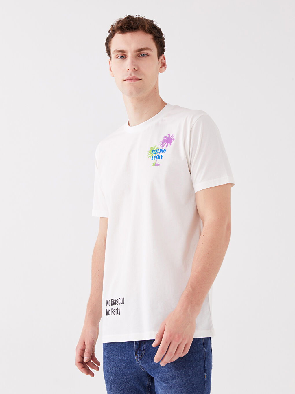 Beyaz Bisiklet Yaka Kısa Kollu Baskılı Penye Erkek Tişört-1