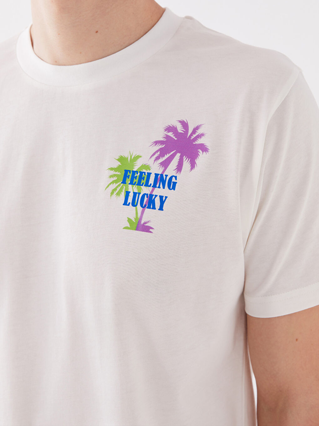 Beyaz Bisiklet Yaka Kısa Kollu Baskılı Penye Erkek Tişört-3