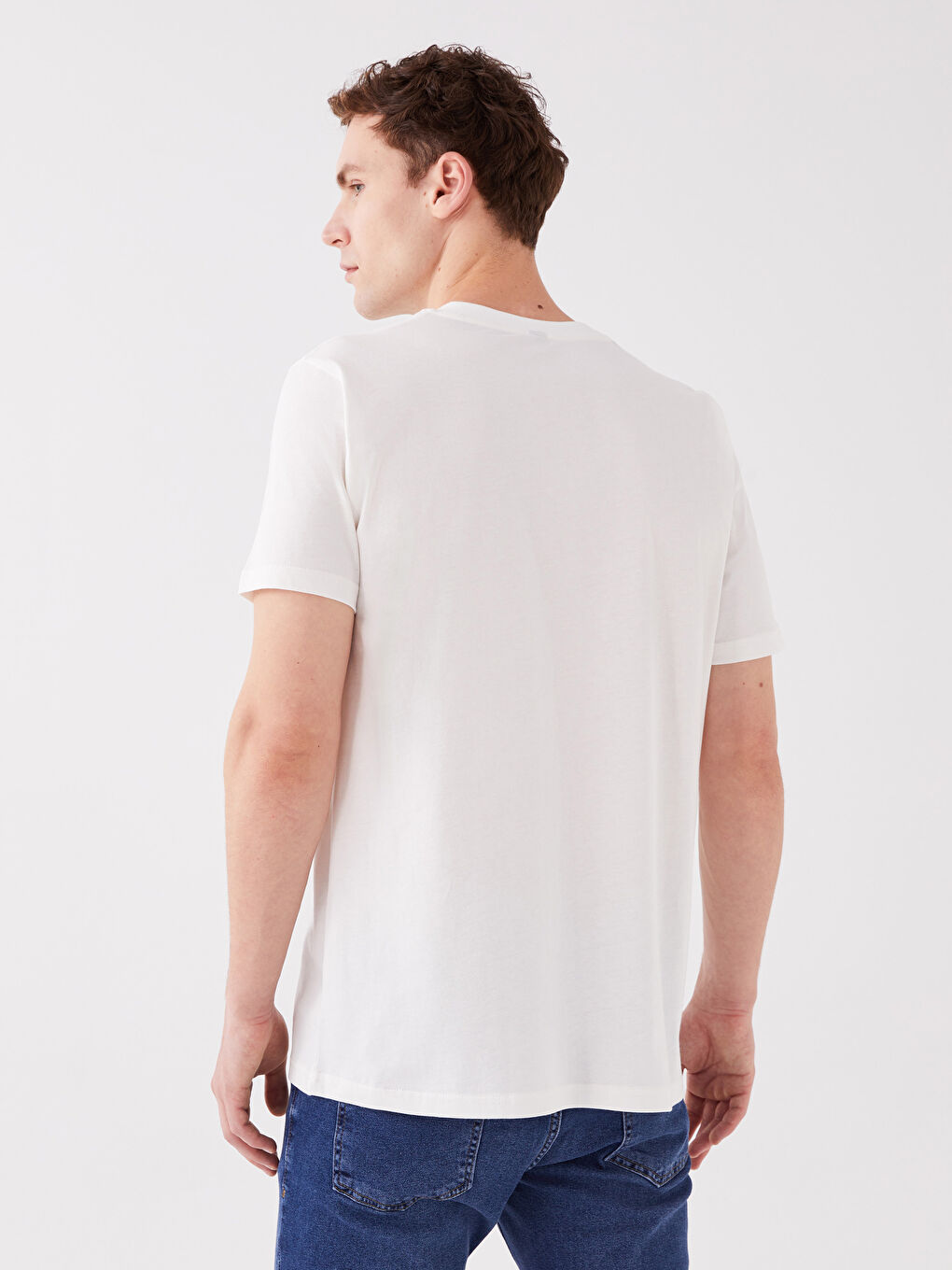 Beyaz Bisiklet Yaka Kısa Kollu Baskılı Penye Erkek Tişört-4